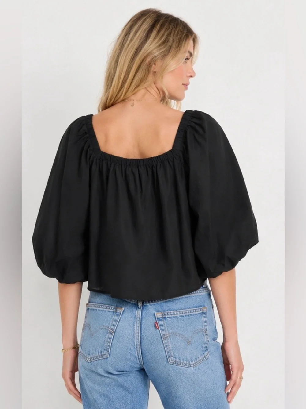 Banana Republic Black Square-Neck Puff Balloon Sleeve Blouse Peplum Pleated